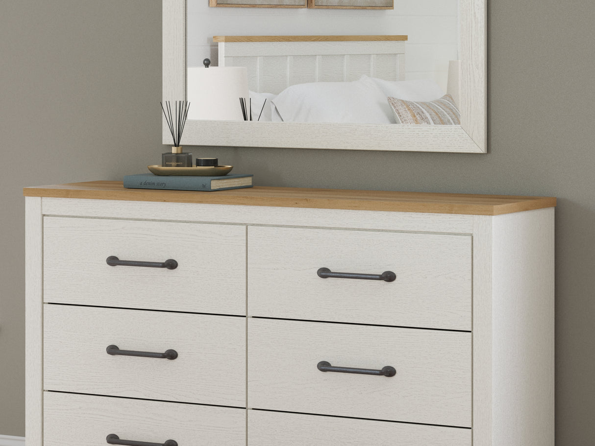 Linnocreek White/Warm Brown Twin Panel Headboard, Dresser And Mirror