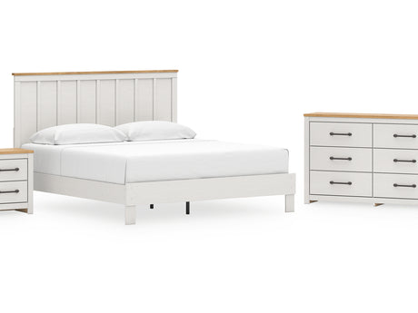 Linnocreek White/Warm Brown King Panel Bed, Dresser And Nightstand
