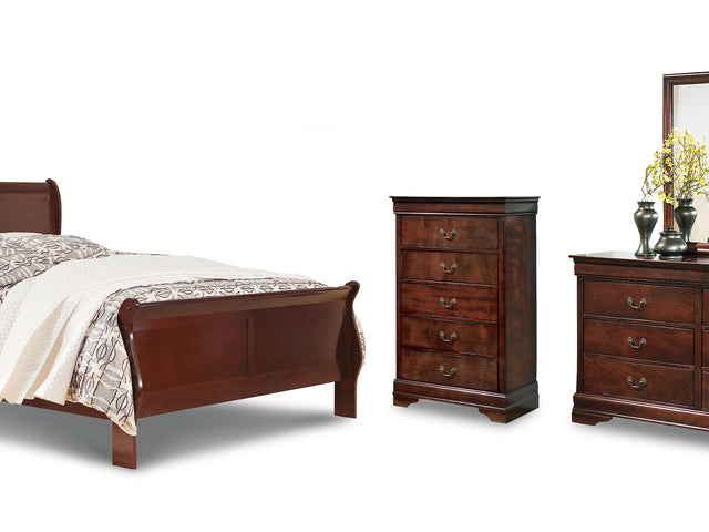 Alisdair Reddish Brown Queen Sleigh Bed, Dresser, Mirror, And Chest