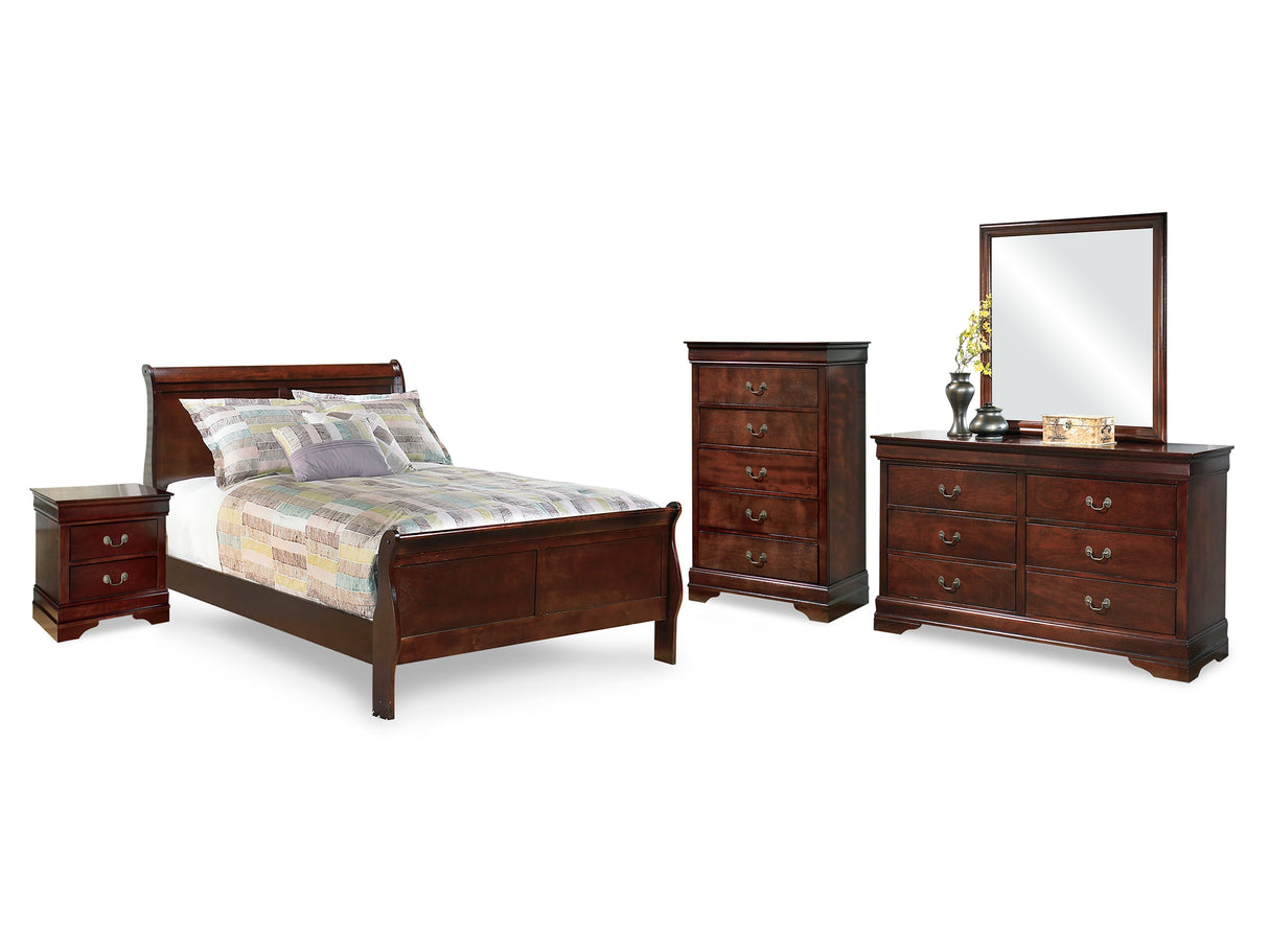 Alisdair Reddish Brown Full Sleigh Bed, Dresser, Mirror, Chest And Nightstand