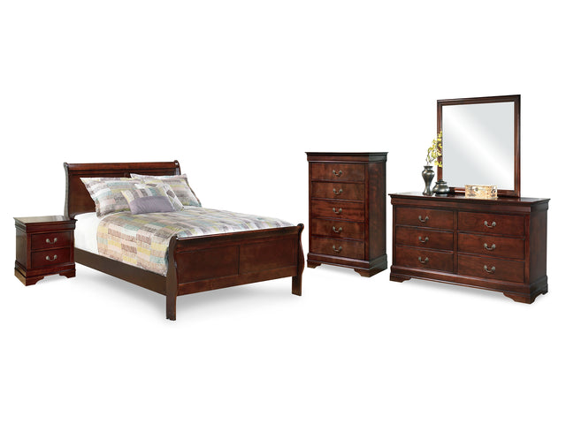 Alisdair Reddish Brown Full Sleigh Bed, Dresser, Mirror, Chest And Nightstand