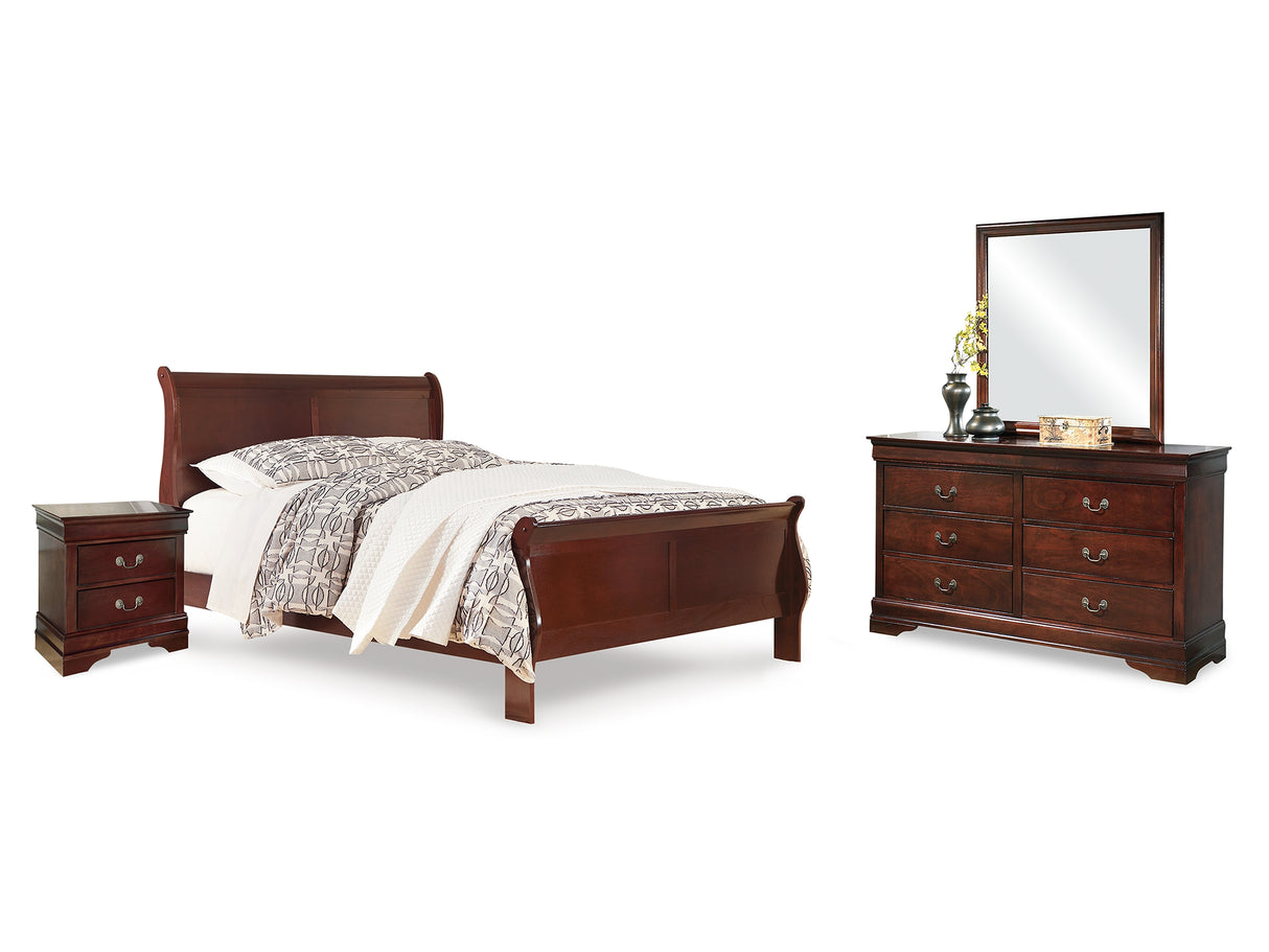 Alisdair Reddish Brown Queen Sleigh Bed, Dresser, Mirror, And Nightstand