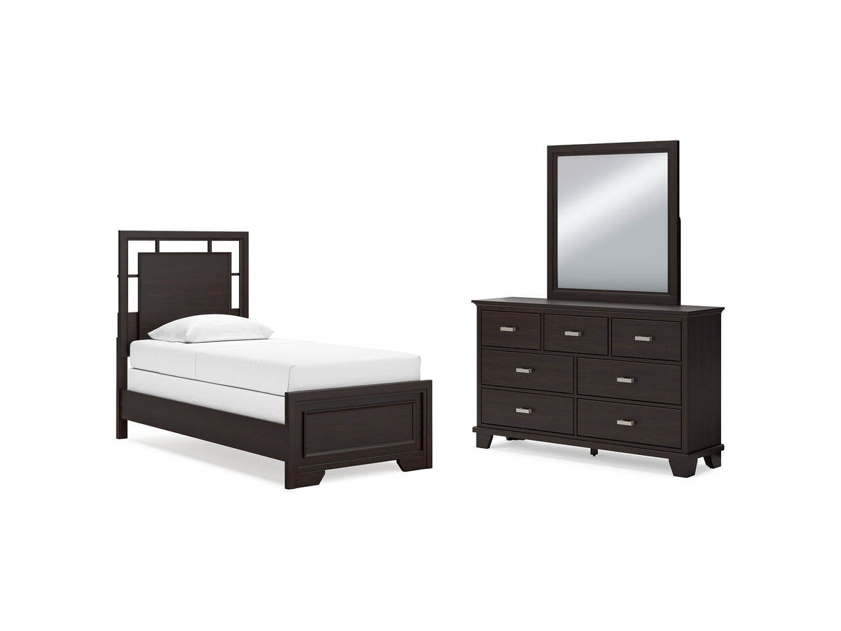 Covetown Dark Brown Twin Panel Bed, Dresser And Mirror