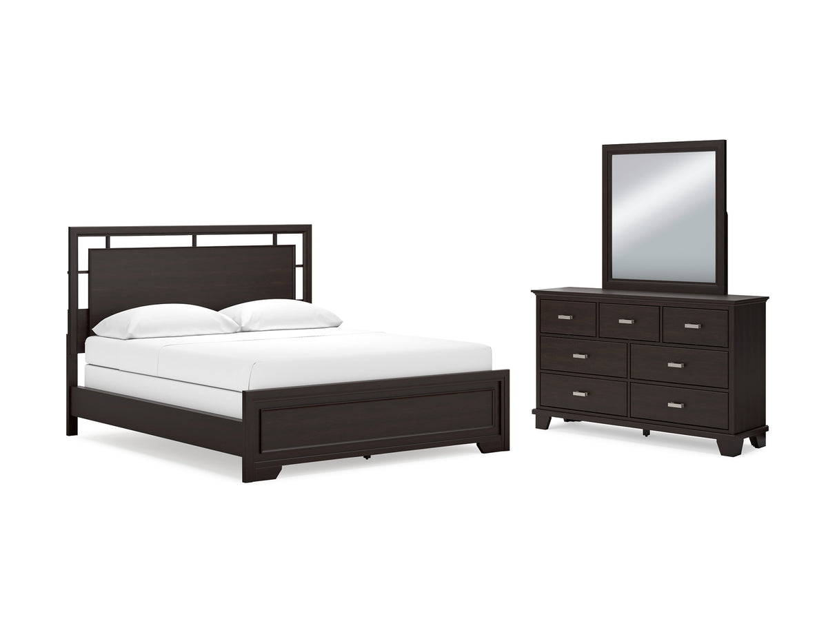 Covetown Dark Brown California King Panel Bed, Dresser And Mirror