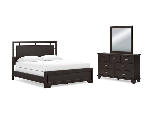 Covetown Dark Brown California King Panel Bed, Dresser And Mirror