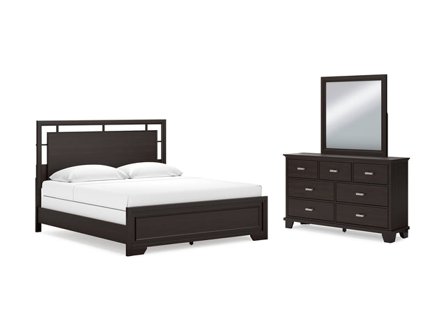 Covetown Dark Brown King Panel Bed, Dresser And Mirror