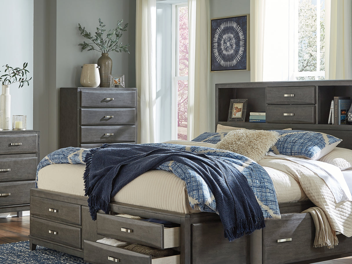 Caitbrook Gray Queen Storage Bed, Dresser, Mirror, Chest And 2 Nightstands
