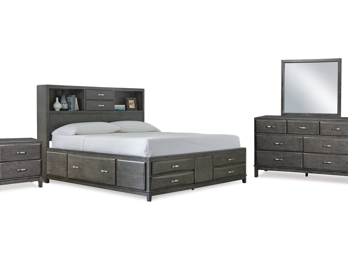 Caitbrook Gray Queen Storage Bed, Dresser, Mirror And Nightstand