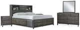 Caitbrook Gray King Storage Bed, Dresser, Mirror And 2 Nightstands