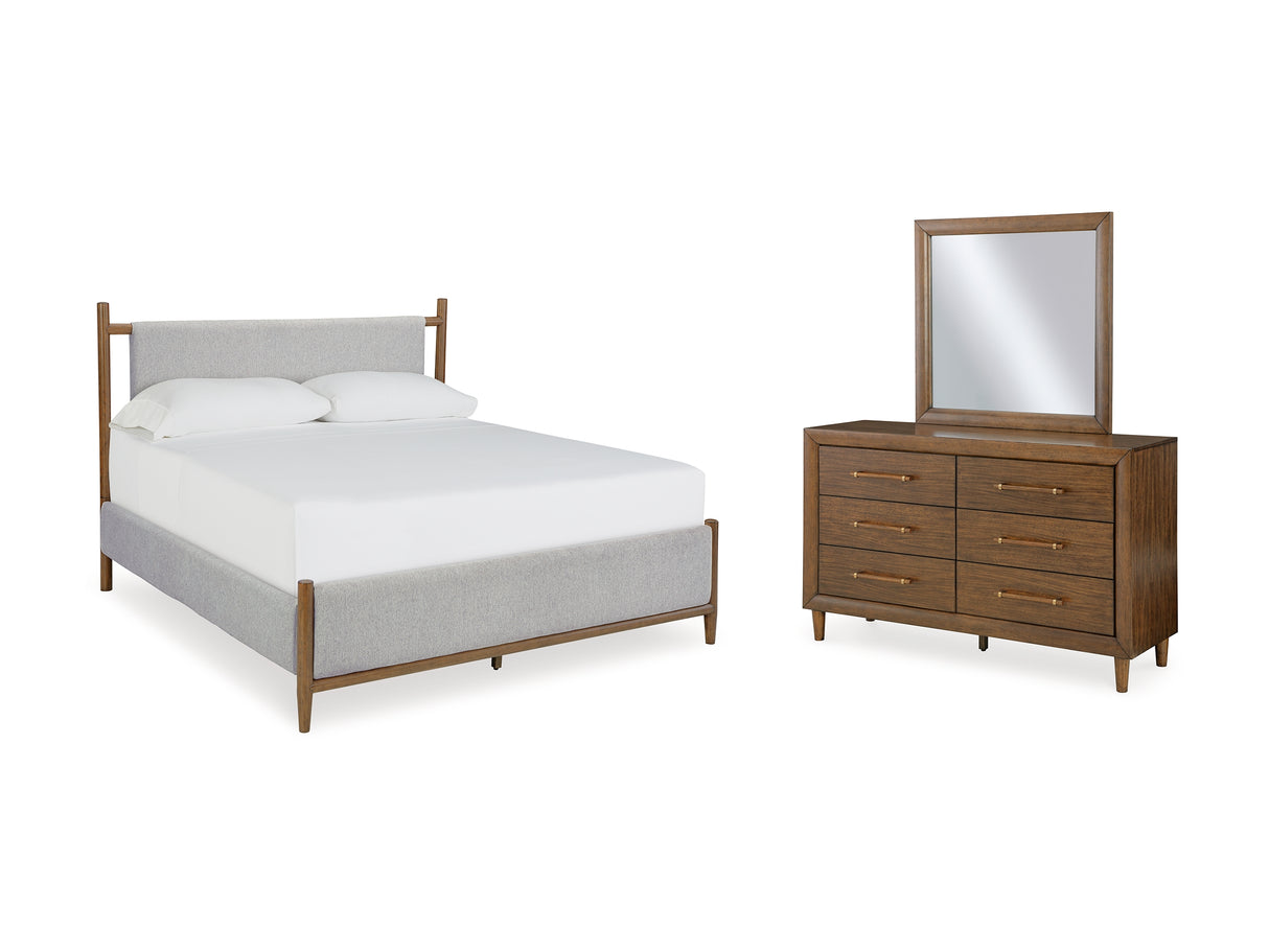 Lyncott Brown California King Upholstered Bed, Dresser And Mirror