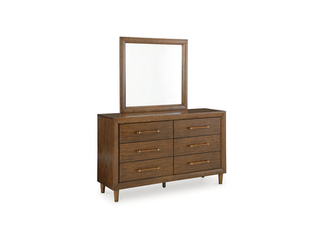 Lyncott Brown California King Upholstered Bed, Dresser And Mirror