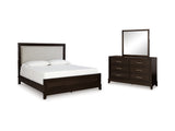 Neymorton Dark Grayish Brown California King Upholstered Panel Bed, Dresser And Mirror