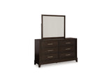Neymorton Dark Grayish Brown Queen Upholstered Panel Bed, Dresser And Mirror