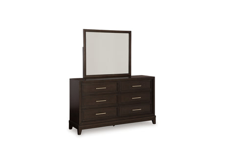 Neymorton Dark Grayish Brown California King Upholstered Panel Bed, Dresser And Mirror