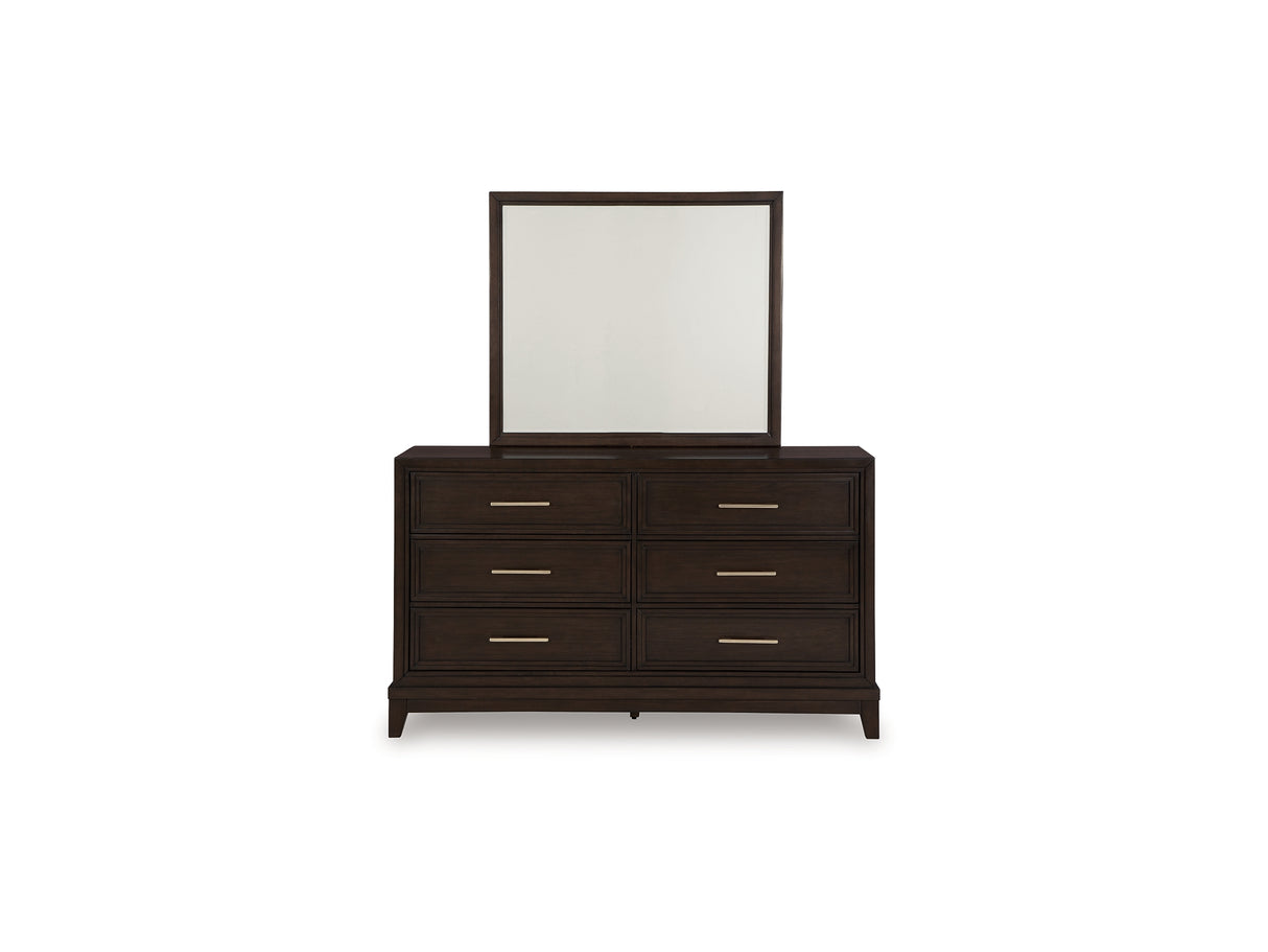 Neymorton Dark Grayish Brown Queen Upholstered Panel Bed, Dresser And Mirror
