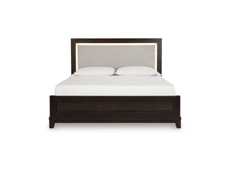 Neymorton Dark Grayish Brown California King Upholstered Panel Bed, Dresser And Mirror