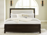 Neymorton Dark Grayish Brown Queen Upholstered Panel Bed, Dresser And Mirror