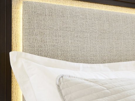 Neymorton Dark Grayish Brown Queen Upholstered Panel Headboard, Dresser And Mirror