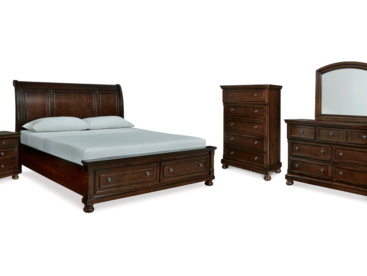 Porter Rustic Brown King Sleigh Bed, Dresser, Mirror, Chest And Nightstand