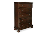 Porter Rustic Brown King Sleigh Bed, Dresser, Mirror, Chest And Nightstand
