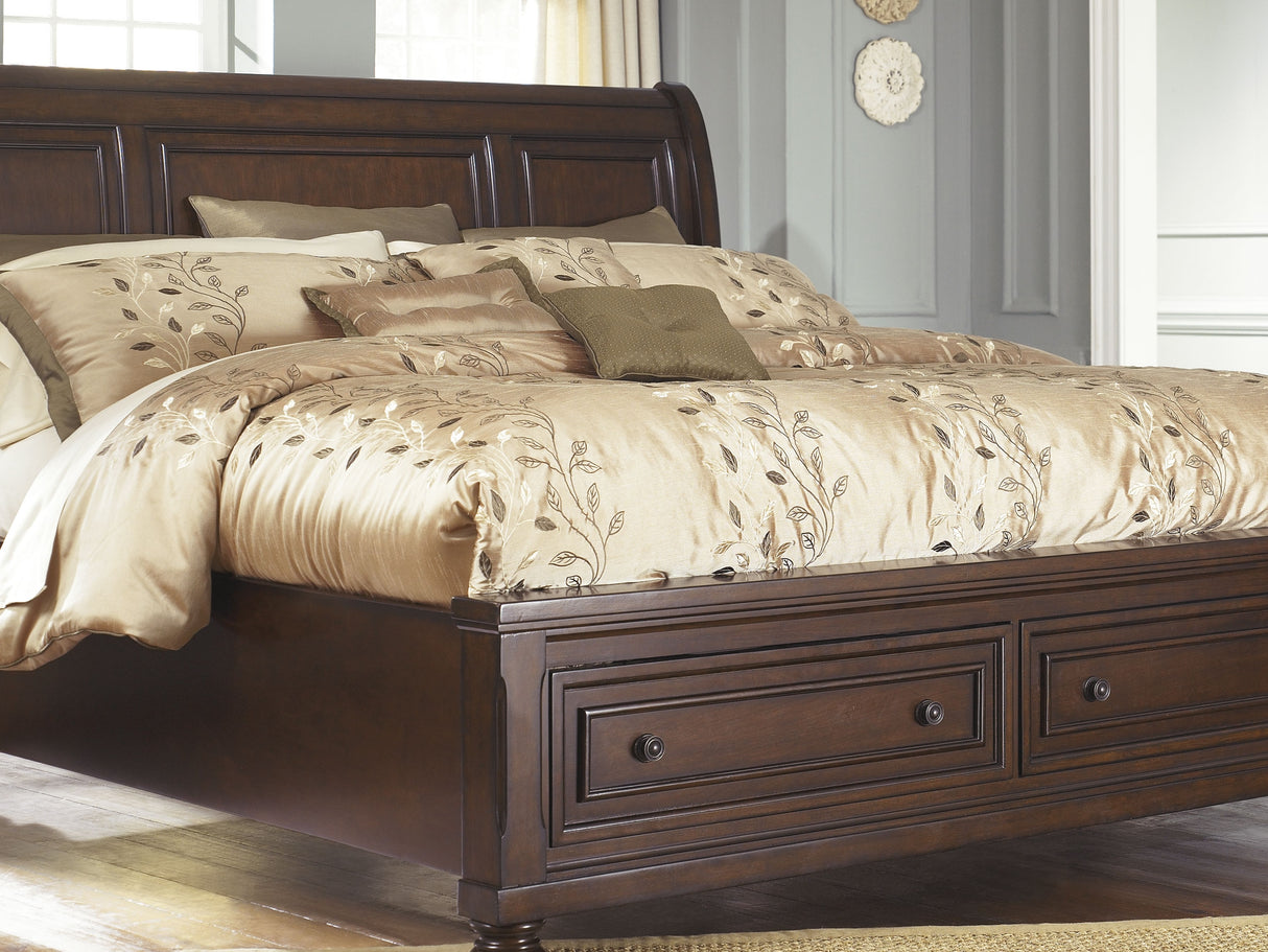 Porter Rustic Brown King Sleigh Bed, Dresser, Mirror, Chest And Nightstand
