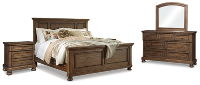 Flynnter Medium Brown King Panel Bed, Dresser, Mirror And 2 Nightstands