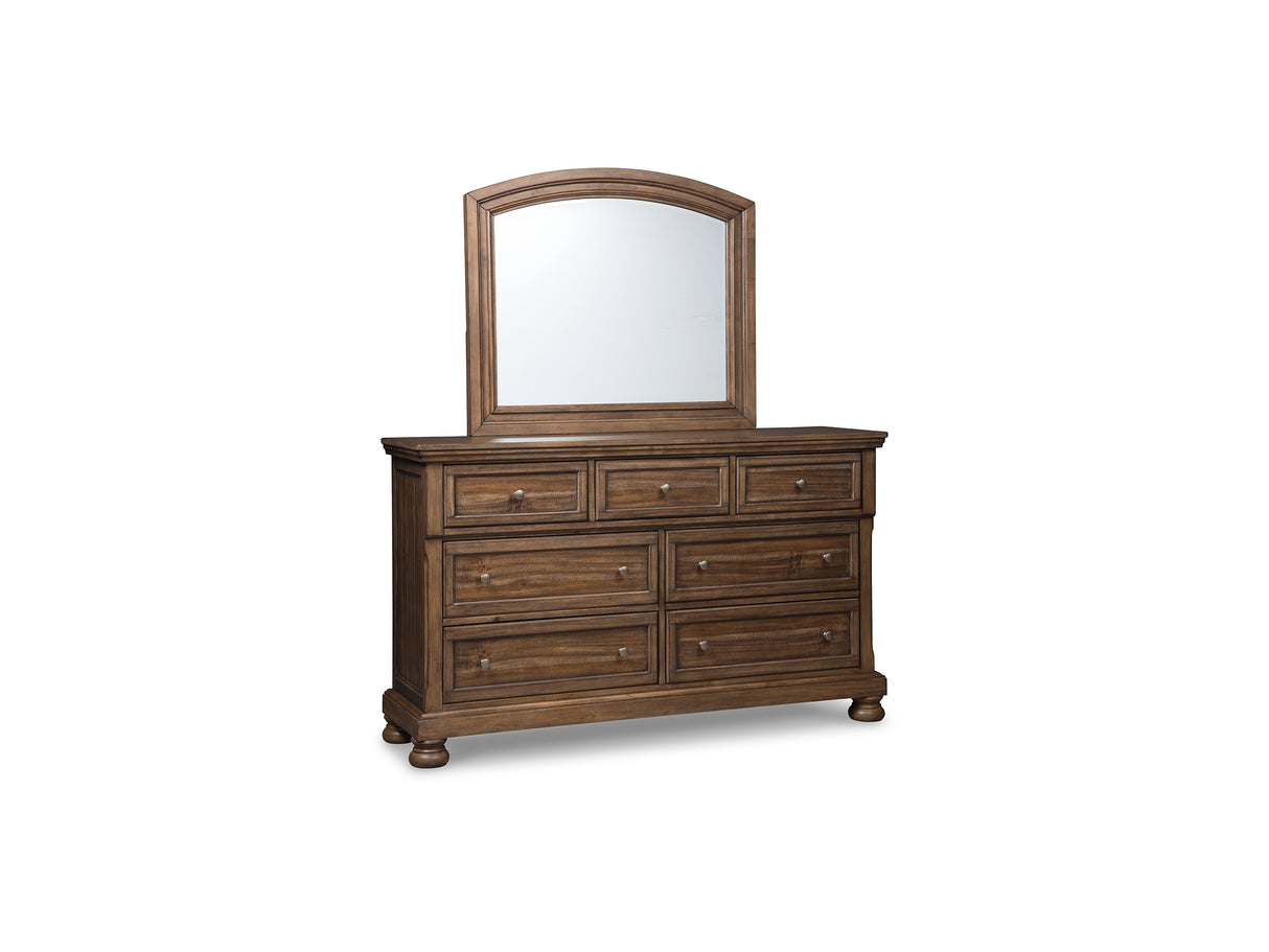 Flynnter Medium Brown King Panel Bed, Dresser, Mirror And 2 Nightstands