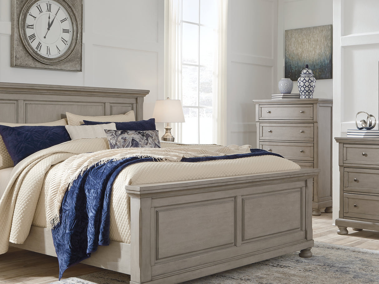 Lettner Light Gray California King Panel Bed, Dresser, Chest And 2 Nightstands