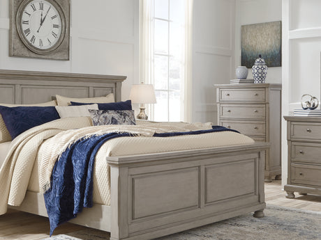 Lettner Light Gray California King Panel Bed, Dresser, Chest And 2 Nightstands