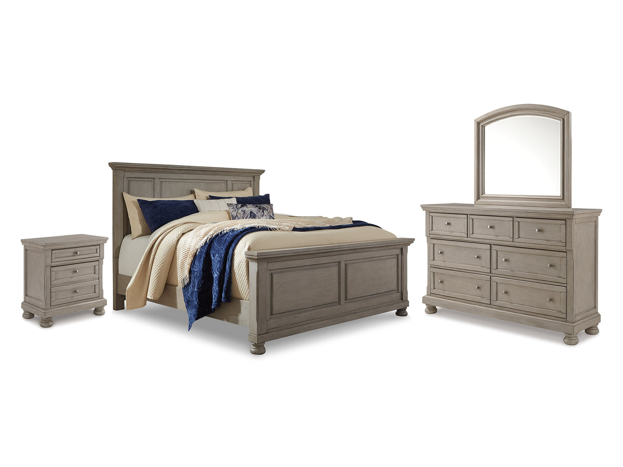 Lettner Light Gray King Panel Bed With Dresser, Mirror And Nightstand