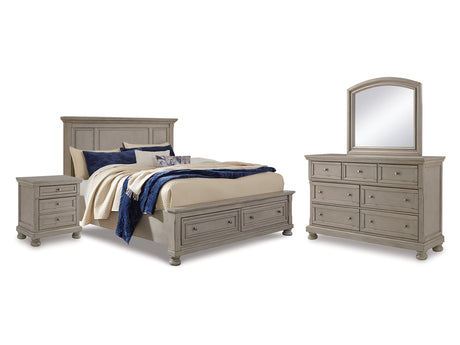 Lettner Light Gray Queen Panel Storage Bed, Dresser, Mirror And Nightstand