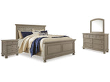 Lettner Light Gray King Panel Bed, Dresser, Mirror And 2 Nightstands