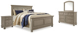 Lettner Light Gray King Panel Bed, Dresser, Mirror And 2 Nightstands
