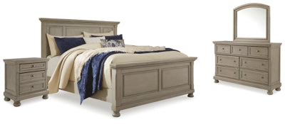Lettner Light Gray King Panel Bed, Dresser, Mirror And 2 Nightstands
