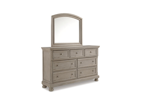 Lettner Light Gray King Panel Bed, Dresser, Mirror And 2 Nightstands