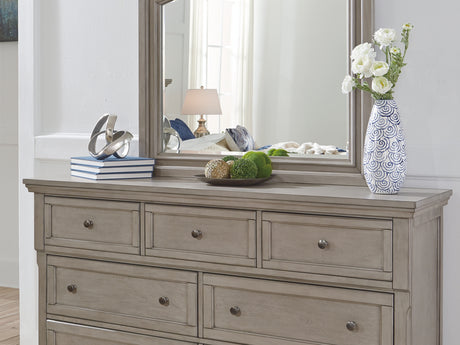 Lettner Light Gray King Panel Bed, Dresser, Mirror And 2 Nightstands