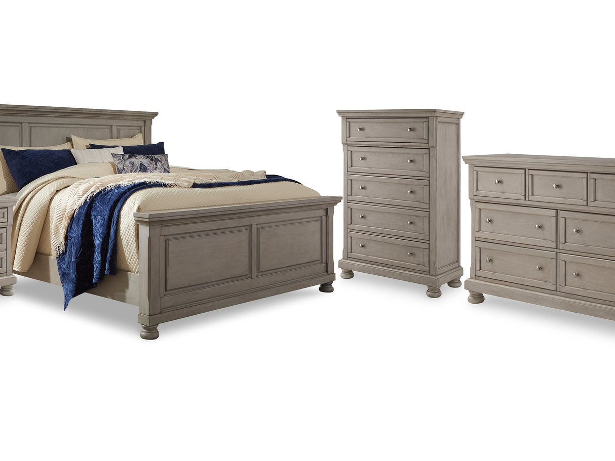 Lettner Light Gray California King Panel Bed, Dresser, Chest And 2 Nightstands