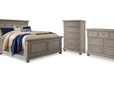 Lettner Light Gray California King Panel Bed, Dresser, Chest And 2 Nightstands