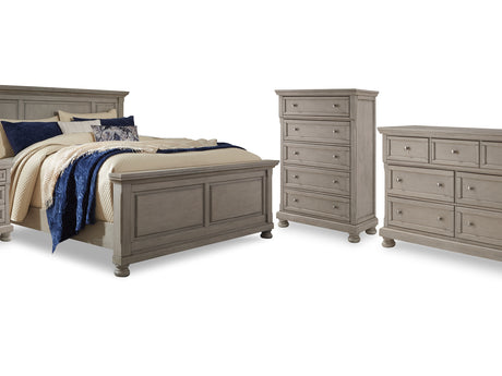 Lettner Light Gray California King Panel Bed, Dresser, Chest And 2 Nightstands