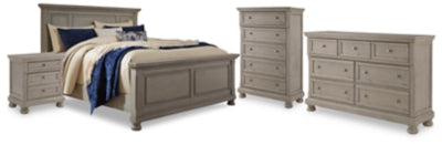Lettner Light Gray California King Panel Bed, Dresser, Chest And 2 Nightstands