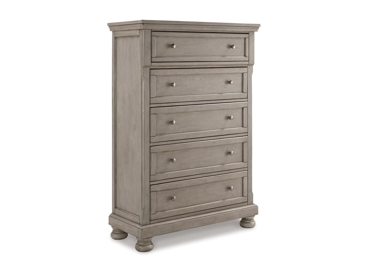 Lettner Light Gray California King Panel Bed, Dresser, Chest And 2 Nightstands