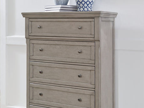 Lettner Light Gray California King Panel Bed, Dresser, Chest And 2 Nightstands