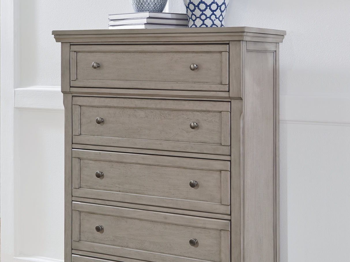 Lettner Light Gray California King Panel Bed, Dresser, Chest And 2 Nightstands