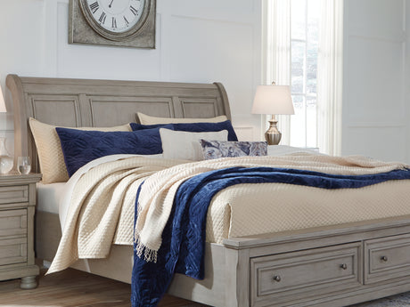 Lettner Light Gray King Sleigh Bed With 2 Storage Drawers