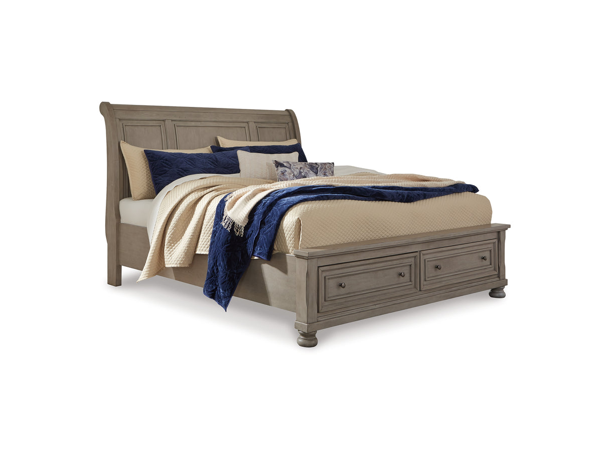 Lettner Light Gray King Sleigh Bed With 2 Storage Drawers