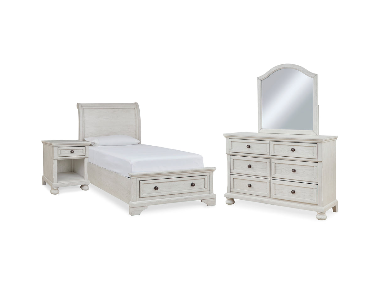 Robbinsdale Antique White Twin Storage Bed, Dresser, Mirror And Nightstand