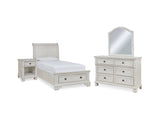 Robbinsdale Antique White Twin Storage Bed, Dresser, Mirror And Nightstand