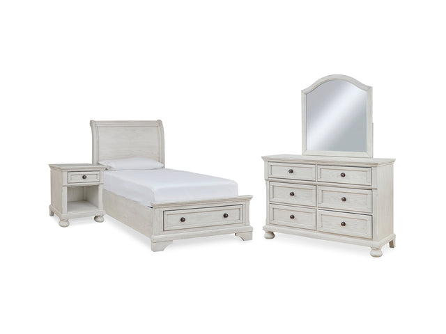 Robbinsdale Antique White Twin Storage Bed, Dresser, Mirror And Nightstand