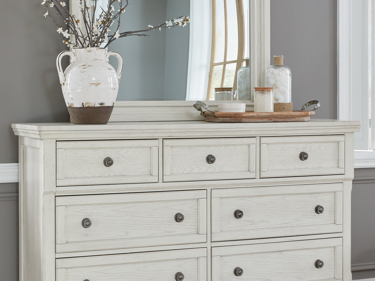 Robbinsdale Antique White King Panel Storage Bed, Dresser And Mirror