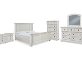 Robbinsdale Antique White King Panel Bed, Dresser, Mirror, Chest And 2 Nightstands